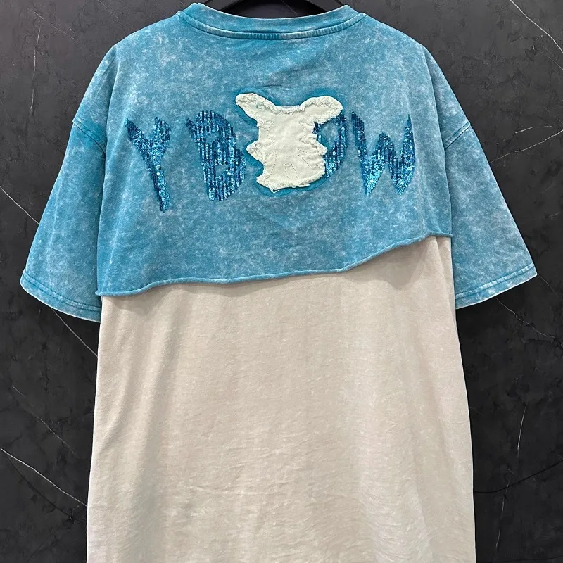 Heavy Industry Design Sticker Embroidery Rabbit Short Sleeve Loose Casual Medium and Long Top T-shirt For Women