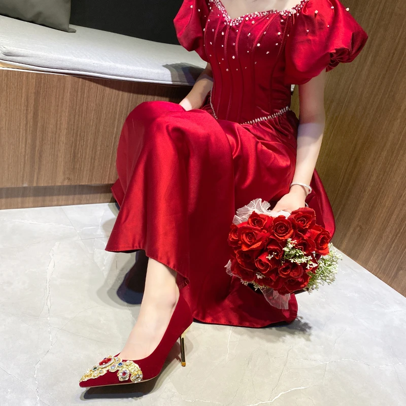 2023 Autumn New Wedding Banquet Shoes Wedding Shoes Xiuhe Wedding Chinese Red Bridal Shoes Velvet Rhinestone Dress Single