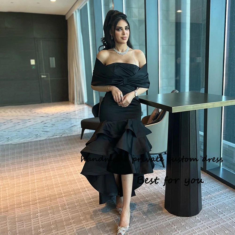 

Black Mermaid Evening Dresses Off Shoulder Ruched Satin Arabian Dubai Formal Prom Dress Floor Length Occasion Party Gowns