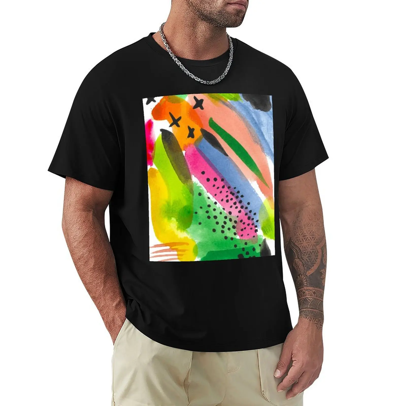 Colorful and Bright Watercolor Abstract Painting T-Shirt Big Size Crew Neck T-Shirt