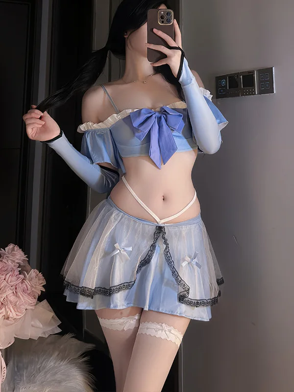 

2024 New Women Sexy Slash Neck Off Shoulder Bow Lace Short Sleeve Slim Top+high Waisted Mesh Short Skirt Maid Uniform Set 47BN