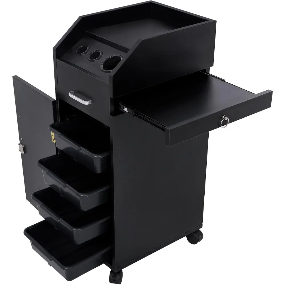

Barber Stations Salon Storage Cabinet with Drawer & Wheels Beauty Rolling Trolley Cart 3 Hair Dryer Holders