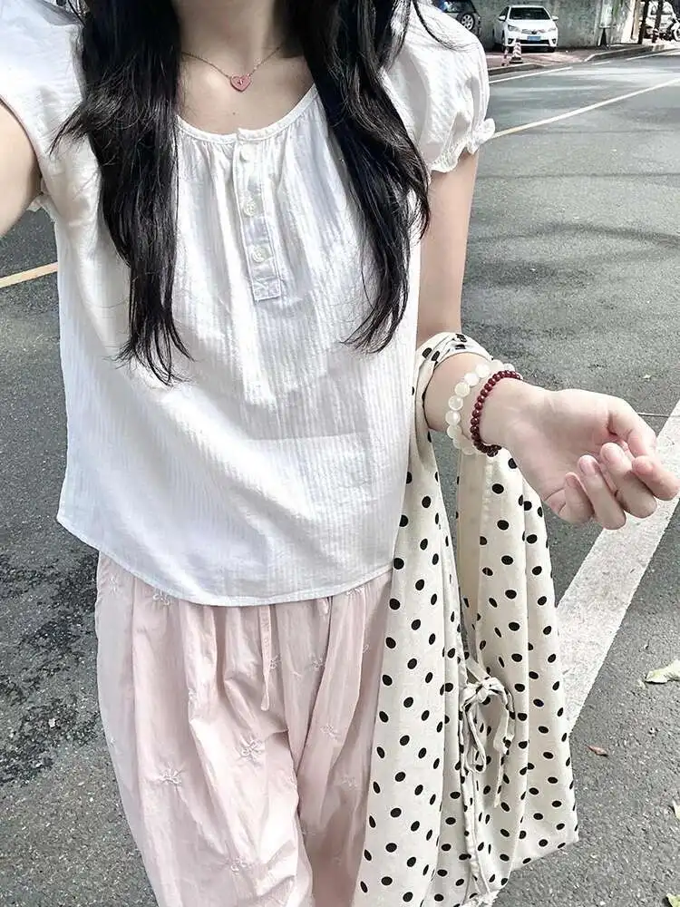 

Sweet Bubble Sleeve White Women's Summer 2025 New Chiffon Top French Round Designer Button Up Shirt Women Fashion Tops MA7QW