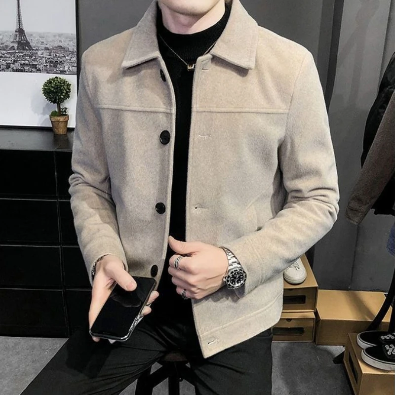 Korean Style Men's Autumn Winter Short Slim Fit Faux Raccoon Fur Casual Trench Jacket Solid Color Notch Lapel Outerwear