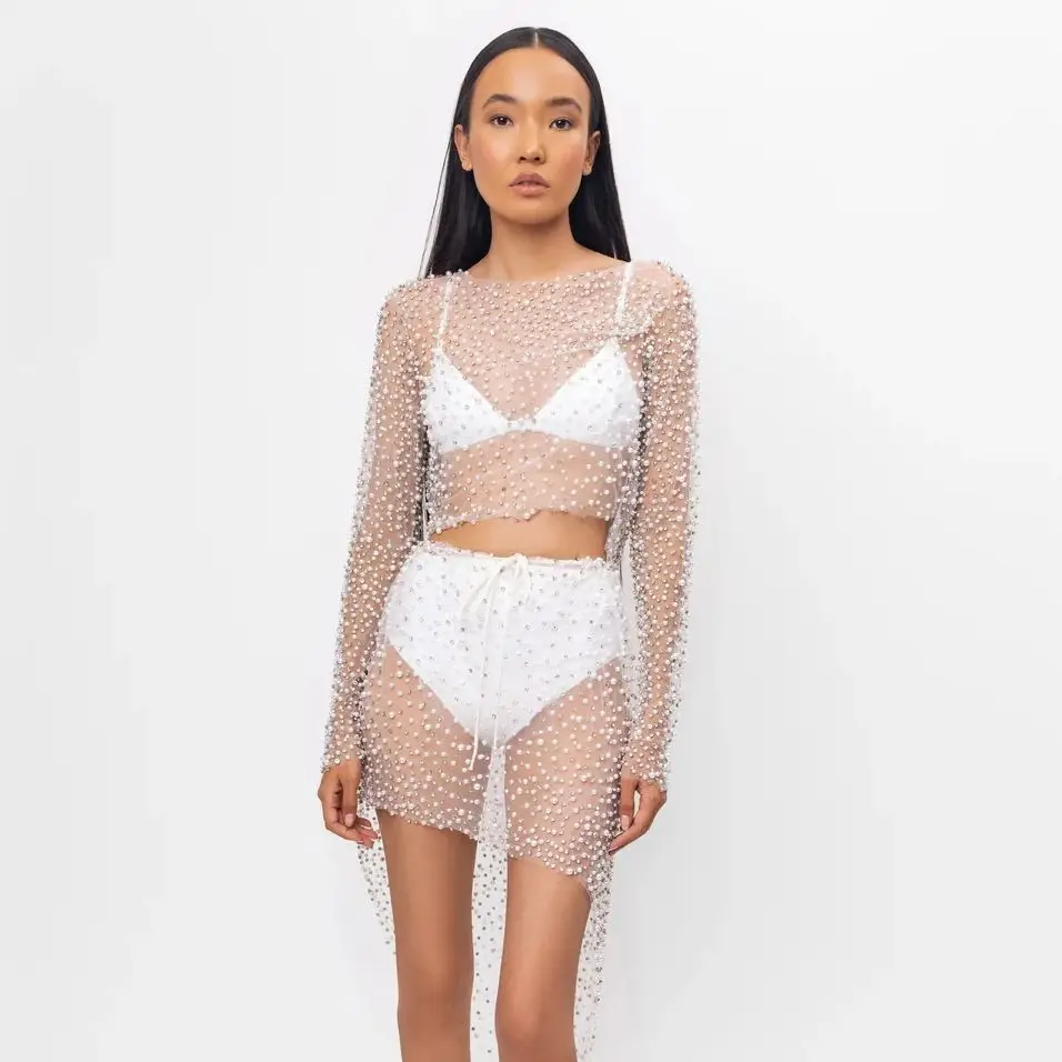 

O-neck Long Sleeve See Through Pearls Lace Dress Asymmetry Mini Party Gowns Sexy Day And Night Cocktail Dress Beaded Woman Clot