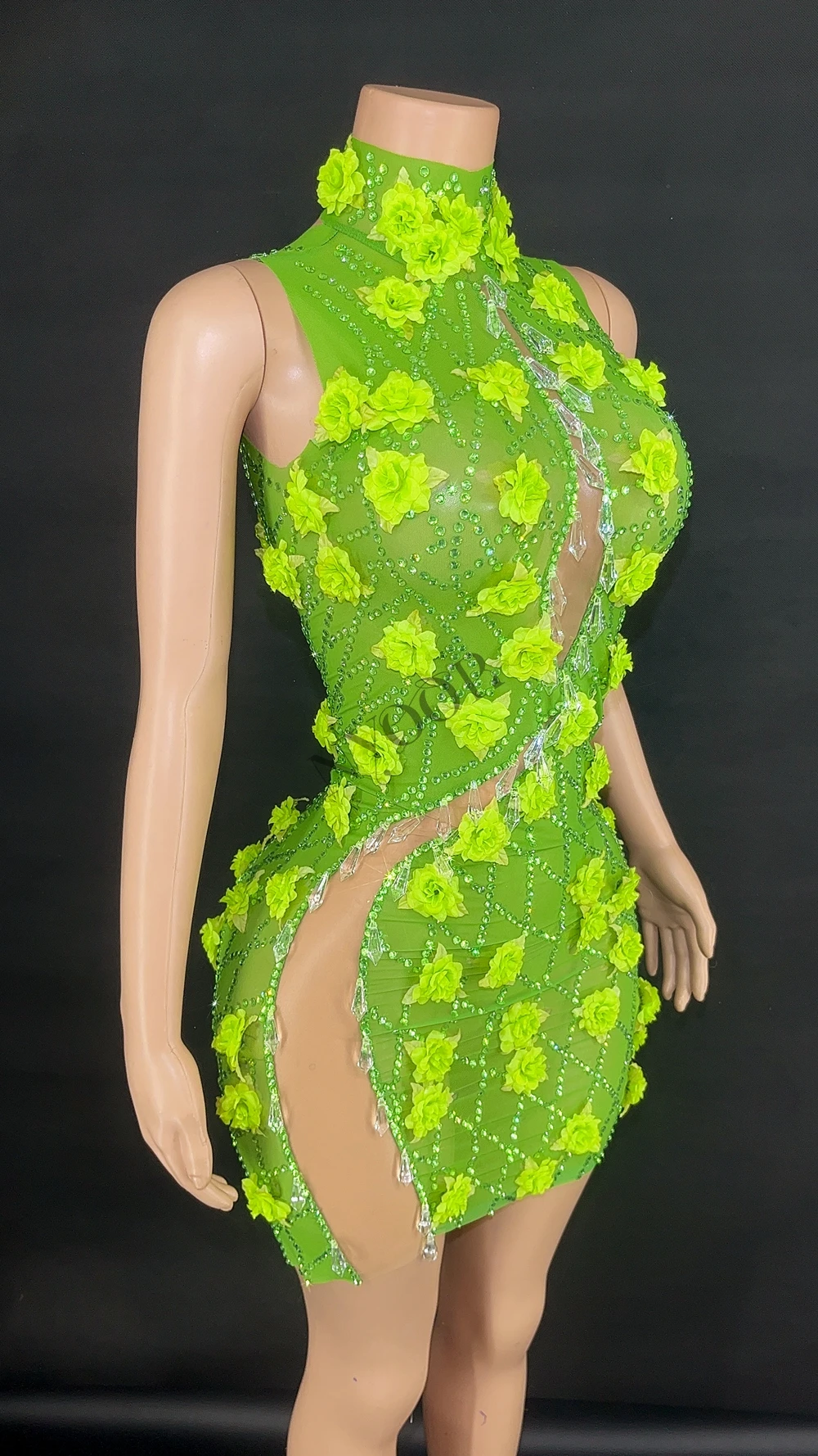 Funkelnde Strass steine Blumen Mesh sehen durch ärmellose kurze Kleid Frauen feiern Abend Geburtstags kleid sexy Show Bühnen kleidung