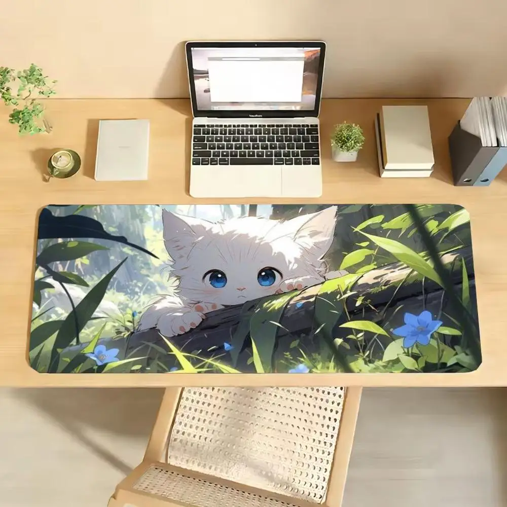 Cute Cat Green Leaf Forest Large Mouse Pad , Fresh Nature cat Landscape Gaming Desk Mat Non-Slip Stitched Edge Keyboard Mat