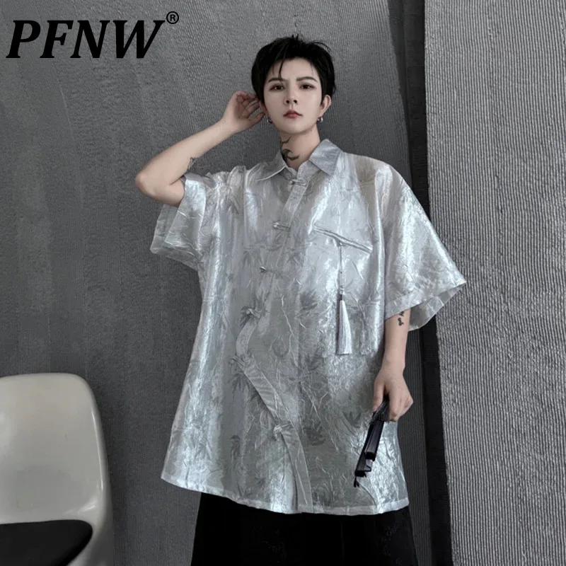 

PFNW New Stylish Asymmetrical Tassel Shirt Diagonal Placket Design Chinese Style Men's Shirts Short Sleeve Turn-down Top 28W3302