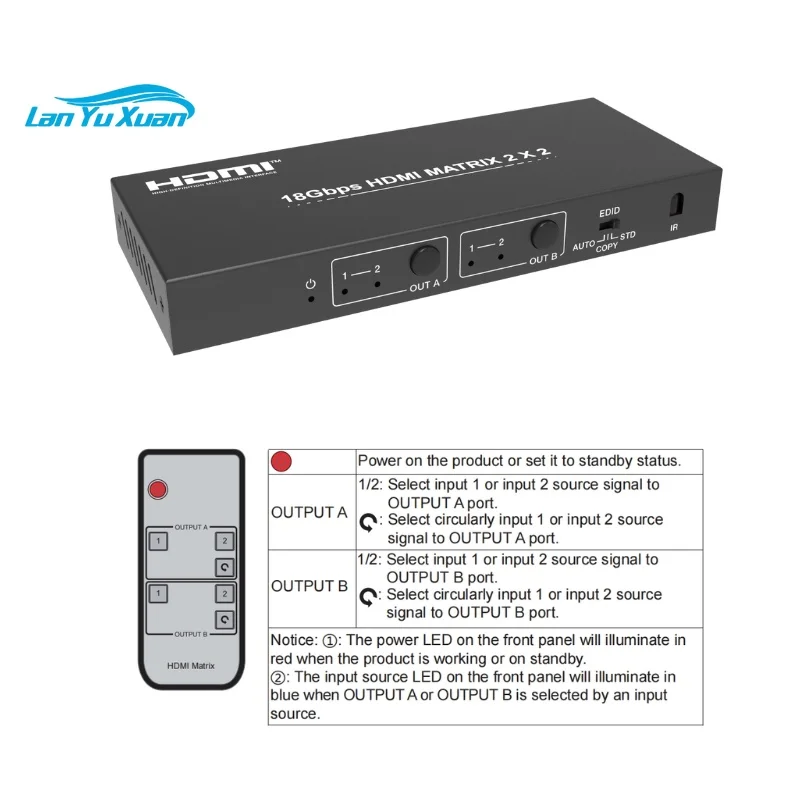 PINWEI 2X2 4K60Hz HDMI matrix EDID Switch with 3.5 Audio and Optical L/R Two in Two Out  Switcher HDR with Remote Control