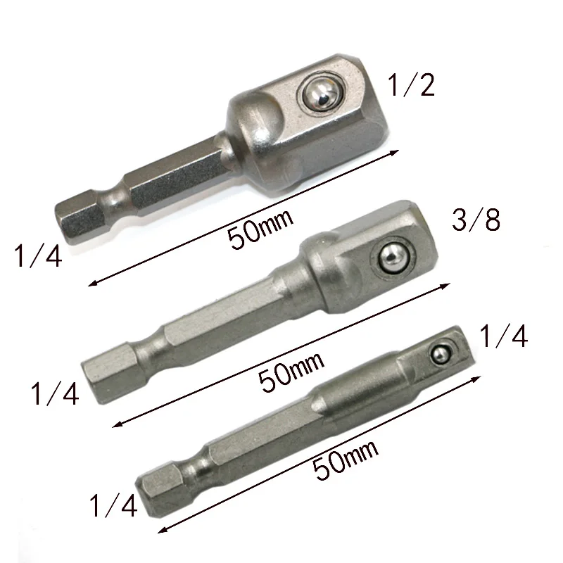 Adattatore per presa in acciaio al cromo vanadio da 3 pezzi con gambo da 0,14 a 1/4 "3/8" 1/2 "punte per trapano di estensione set di punte esagonali utensili elettrici