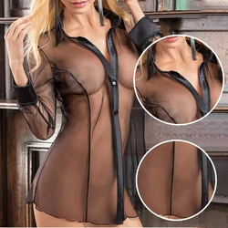 Women's Sexy Doll Long Sleeved Mesh Transparent Honeymoon Dress Shirt Women's Sexy Satin Neck Transparent Shirt Pajamas