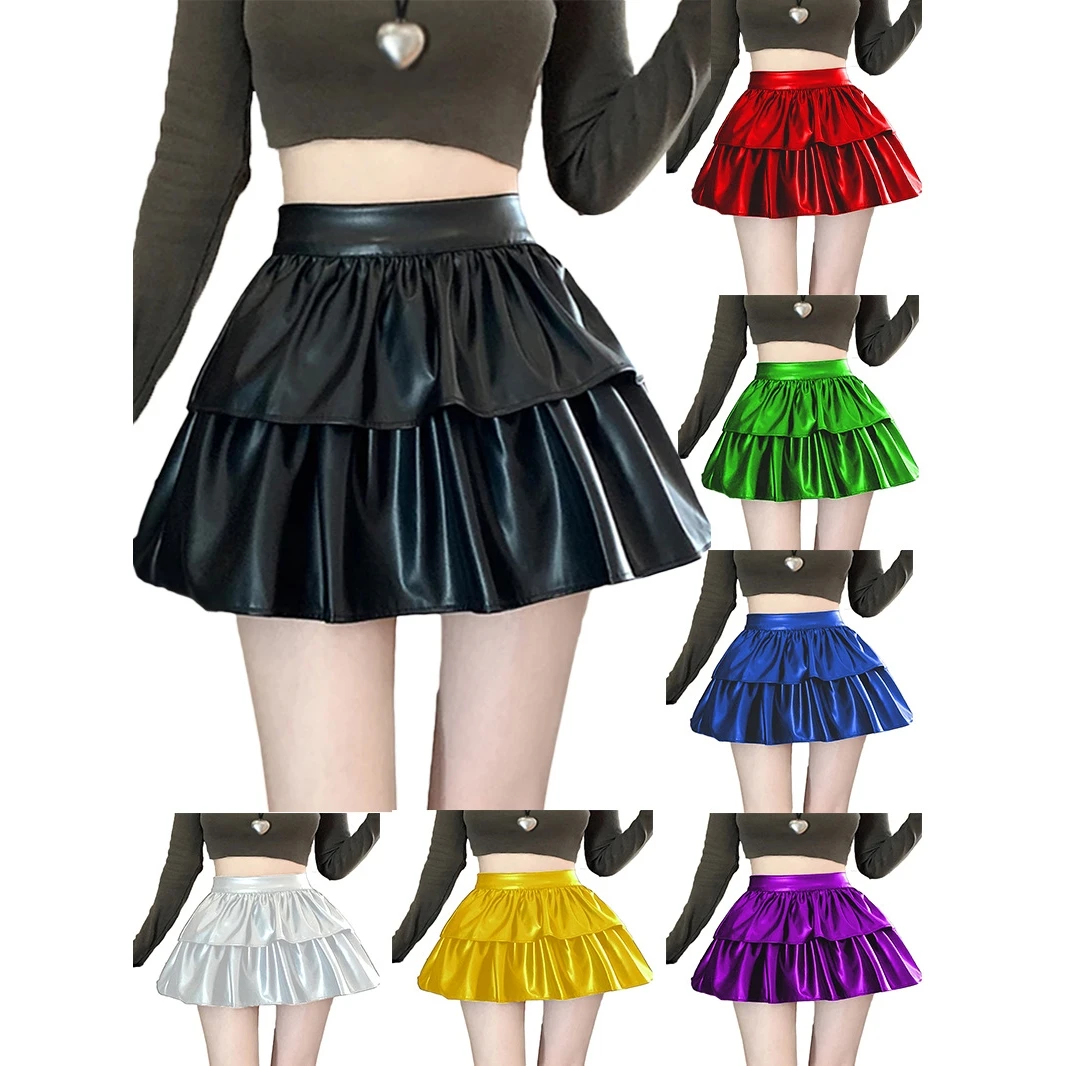 

High Waist Short Vinyl Skirt Festival Sexy Double Layer Half-length Women's Fashion plus Size Straight Cut Color Skirt