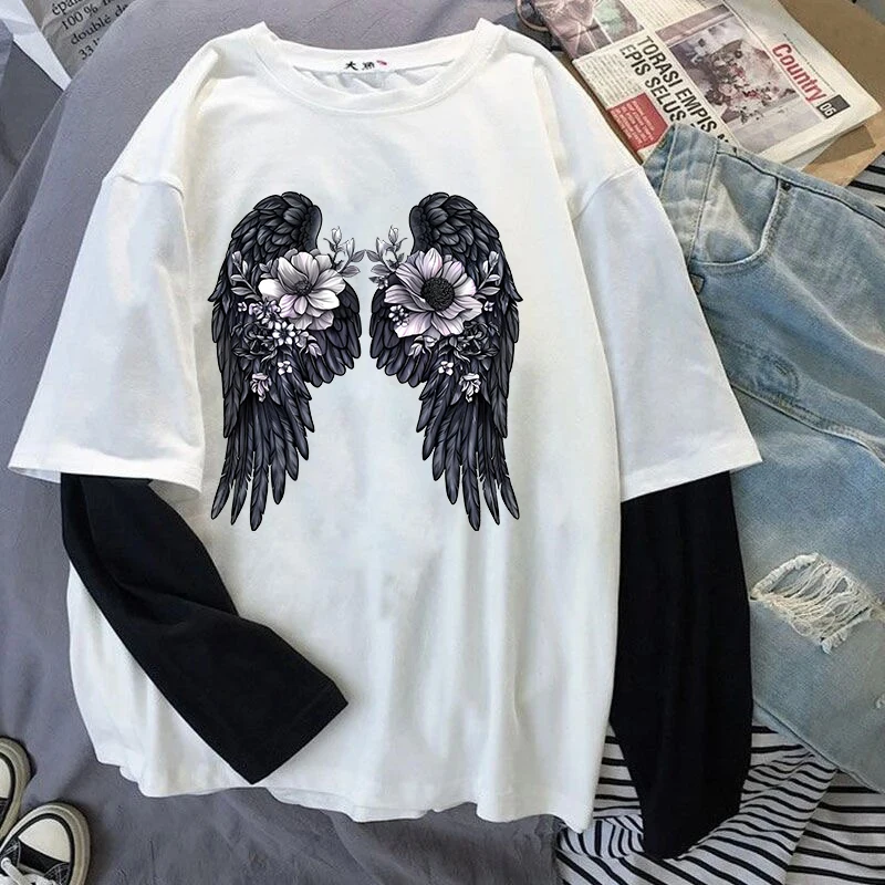 

Casual 90s Vintage Slim Short Sleeve T-Shirt Aesthetic Gothic Punk Streetwear Women Tee Y2K Creative Wing Pattern Print Crop Top