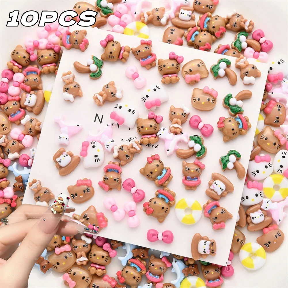 10 stuks 3D Sanrio Hawaii Hello Kitty Nail Art Decoratie Kawaii Zwarte Huid Hellokitty Nail Art Charms Anime KT Kat DIY Craft Jewel