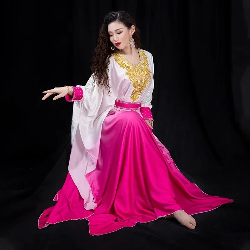 

Traditional Khaleeji Thobe Dress Satin Costume Belly Dance Clothes Kaftan Dress Rhinestone Beads Competition Khaleegy Costume