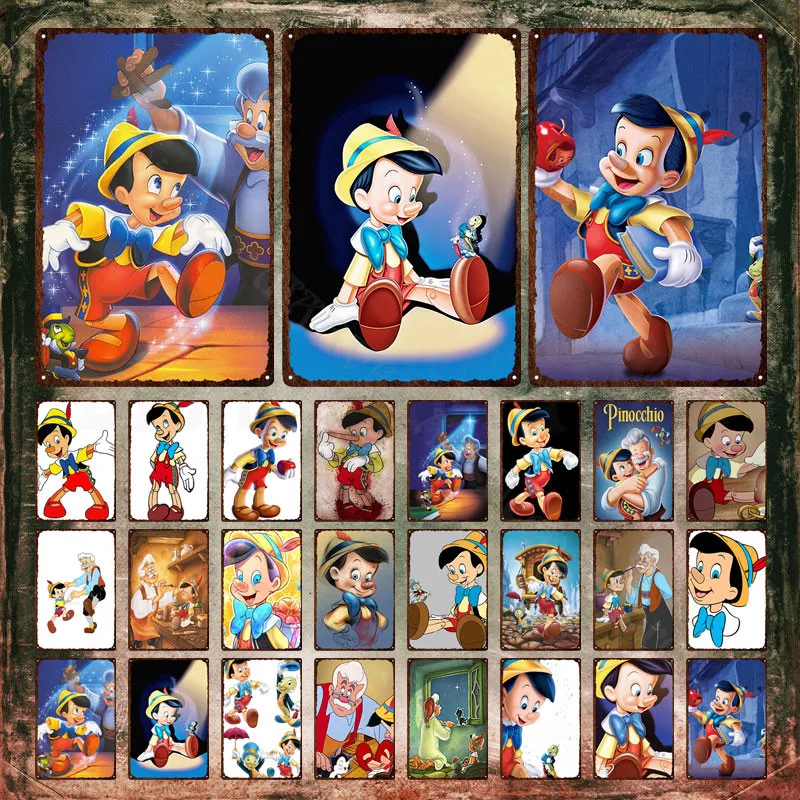 Pinocchio Disney Metal Signs Cartoon Marionette and Grandpa Metal Poster Long Nose Tin Plate Metal Paintings Home Decoration