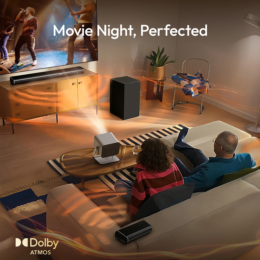 حزمة جهاز عرض المسرح المنزلي BYINTEK، جهاز عرض 2200 Ansi Lumens 4K 1080P مع 100 شاشة وفيلم ساوندو الخارجي