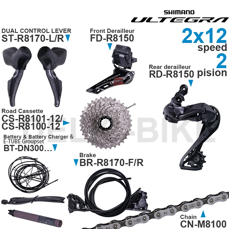 

SHIMANO ULTEGRA R8170 Groupset ST-R8170 BR-R8170 FD-R8150 RD-R8150 CS-R8101 CS-R8100 CN-M8100 EW-SD300 2x12-speedOriginal parts