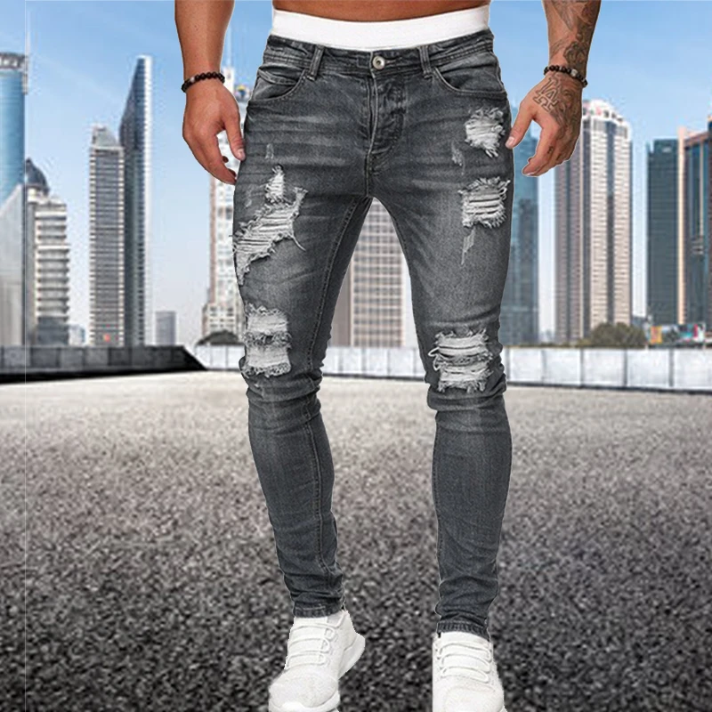 Jeans Skinny strappati elasticizzati da uomo di moda pantaloni da Cowboy Streetwear con buco distrutto in Denim sottile di alta qualità Hip Hop nero