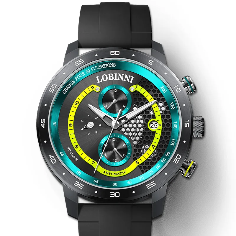 LOBINNI 16063 ساعة ميكانيكية أوتوماتيكية للرجال 42 مللي متر 50 متر مقاوم للماء الياقوت والكريستال والزجاج تاريخ اليوم وعرض الشهر حركة JHB10