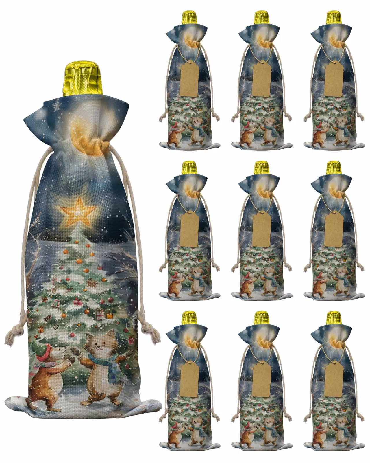 10pcs Animal Christmas Snow SceneWine Bottle Bag with Drawstring Festive Party Decor Wine Bottle Covers Gift