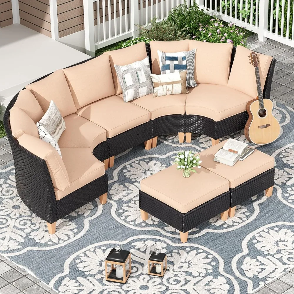 

Half-Moon Patio Conversation Set, 7 Piece Outdoor Sectional Furniture Set with Cushions, Wicker Patio Conversation Set Ou