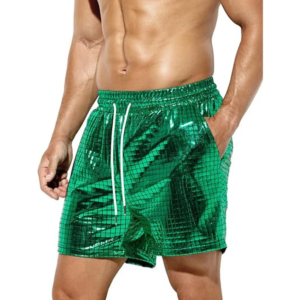 Bodybuilding Shorts Faux Leather Trunks Mens Short Pants Shorts Solid Color Sports Training Trunks Wet Look Beach