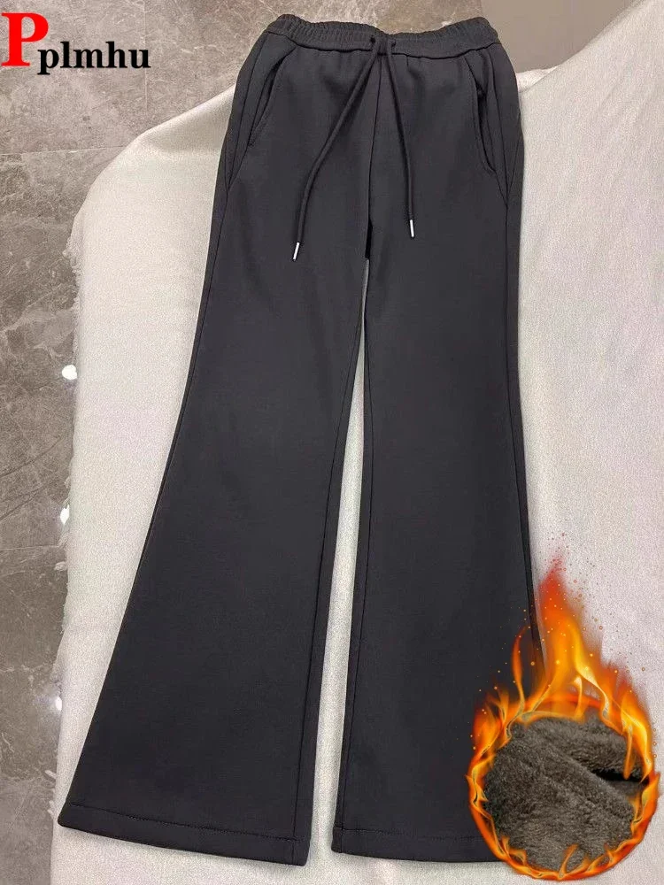 

Winter Casual Lace-up High Waist Flare Pants Korea Basic Women Pantalones Plush Velvet Lined Strecth Sweatpants Elegant Spodnie