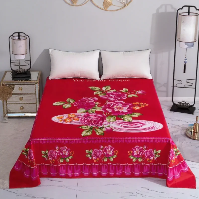 Thicken Brushed Flat Sheet Soft Sanding King Size Bed Sheet  Red Wedding Bed Sheet 245x245cm No Pillowcase