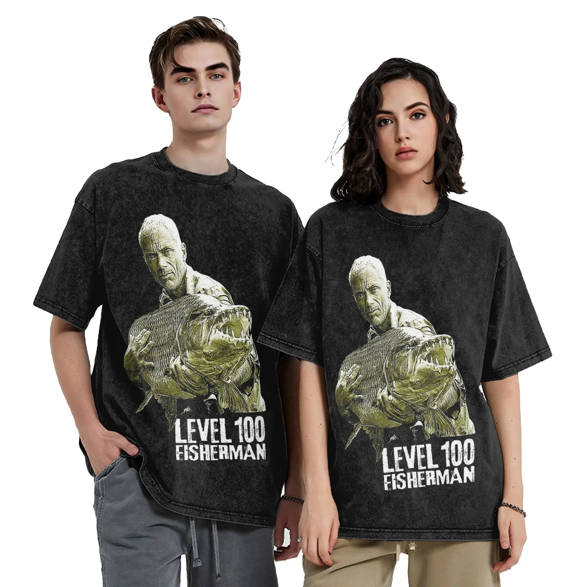 Washed T Shirt Jeremy Wade Level 100 Fisherman Hip Hop Vintage T-Shirt Street  Streetwear Printed Tops Tees Men Women