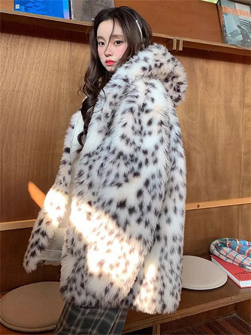 

9XL Women Faux Fox Fur Black Dot Leopard Cardigan Winter Warm Open Stitch Plush Thick Overcoat Ladies Thick Short Coat With Hat