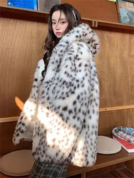 9XL Women Faux Fox Fur Black Dot Leopard Cardigan Winter Warm Open Stitch Plush Thick Overcoat Ladies Thick Short Coat With Hat