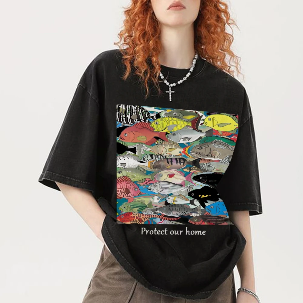 

Vintage Washed Shirt Anime Protect our Home Graphic T Shirts Venezuela Fashion Luxury Brand Y2k Pure Cotton T-shirt Women's Top