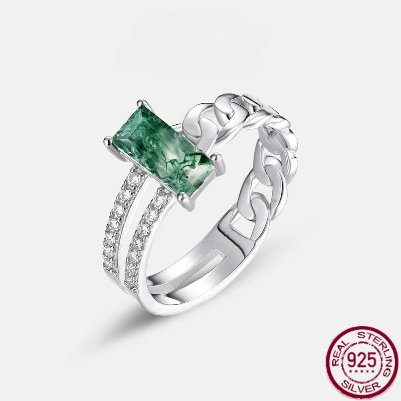 

New S925 pure silver geometric water grass agate inlaid with green moss stone index finger ring women's wedding jewelry