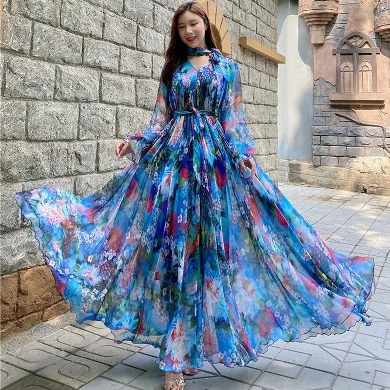 2024Elegant Slim Beach Dress Summer Women Oversize Printed Chiffon Dresses Female long sleeve Korean Evening Party Robe Vestidos