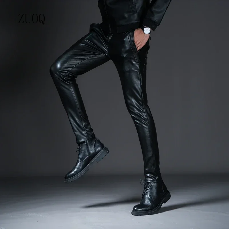 Winter New Men\'s Skinny Biker Faux Leather Pants Fashion Motorcycle Trousers for Male Stage Club Wear