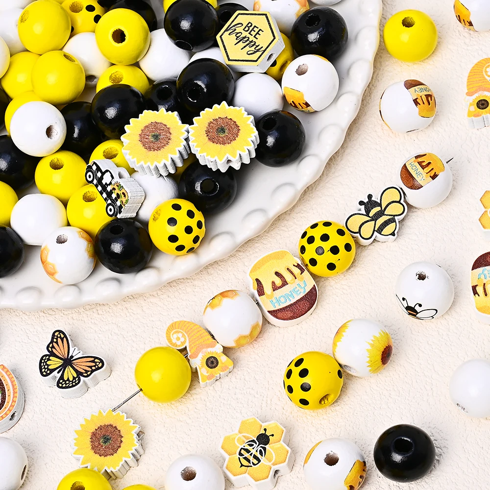 1.6‑2cm Bee Sunflower Wooden Beads Set 210Pcs Mixed Wood Spacer Beads for DIY Garland Bracelet Home Party Craft Decor Accessorie