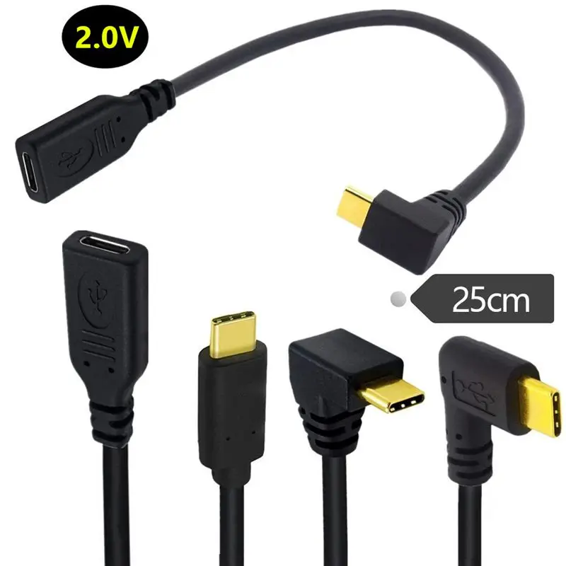 6-Core Gold Plated USB2.0 Version 3.1 Type-C Extension Cable Male and Female Data Extension Cable 90 Degree Elbow USB-C Cable