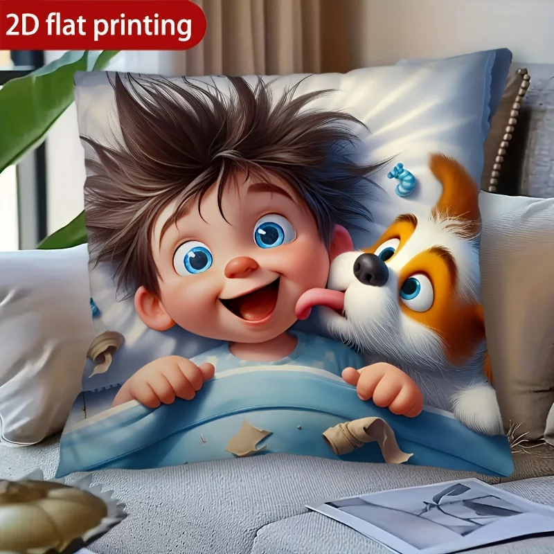 1pc 2D Flat Pillow Not Included Cartoon Boy Dog Bed Scene Cushion Cover Short Plush Kids Room Decor Gift Case