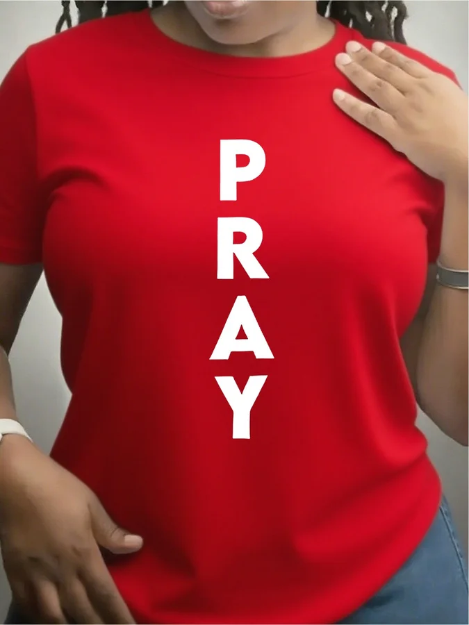 Women's PRAY Vertical Lettering Graphic T Shirt Minimalist Christian Faith Tee Short Sleeve Round Neck Casual Religious Gift Tops