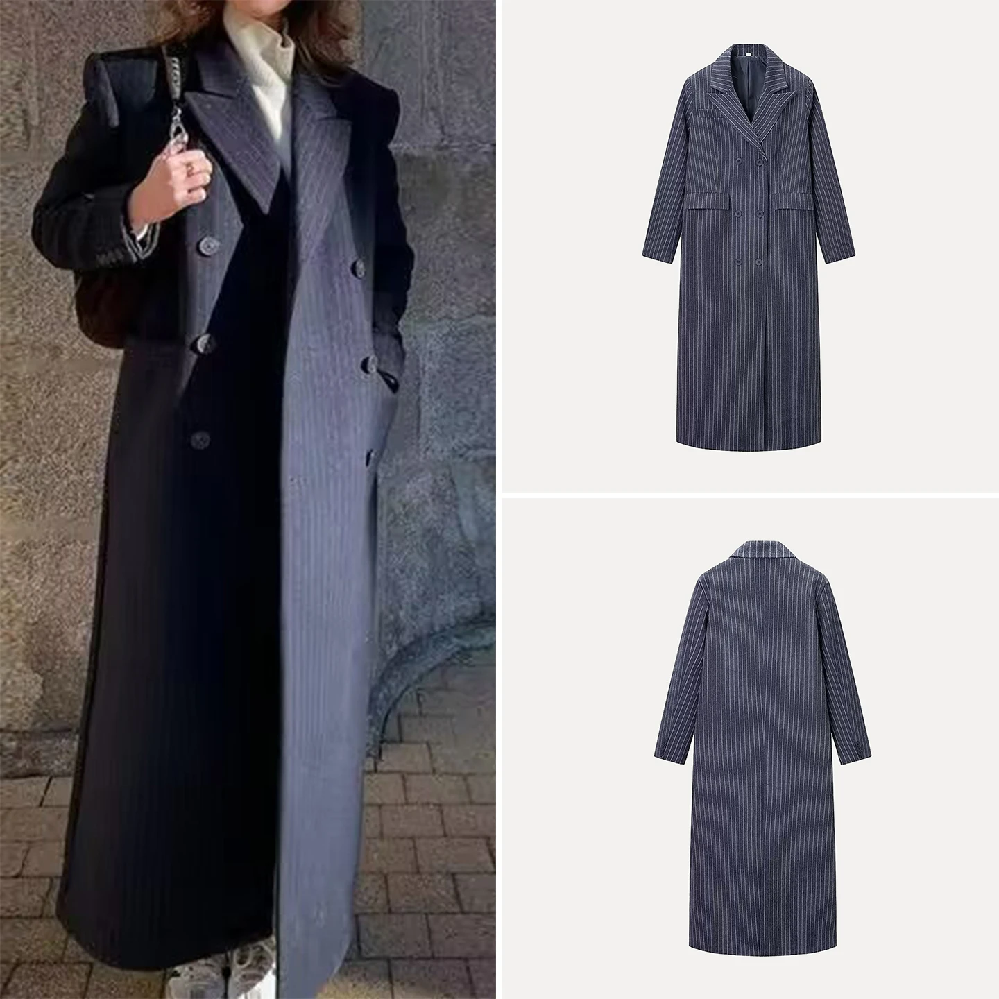

2025 Winter New Women's Long Sve Turn-down Collar Striped Outerwear Versatile Commute Sle Simple Straight-cut Coat