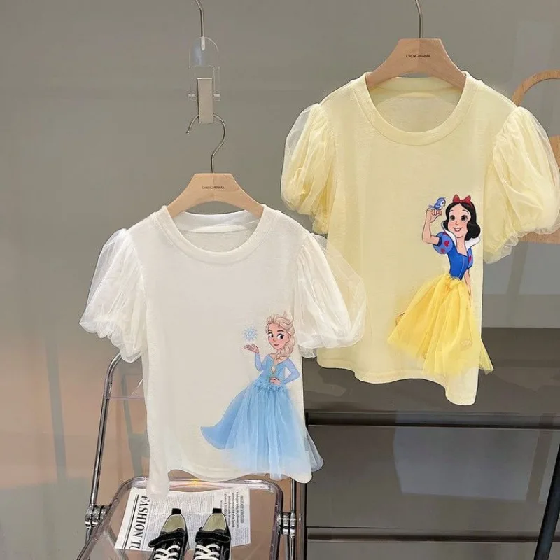 T-shirt à manches bouffantes pour enfants, chemisiers en Y de dessin animé pour filles, t-shirt décontracté pour tout-petits, vêtements mignons, été, livraison directe