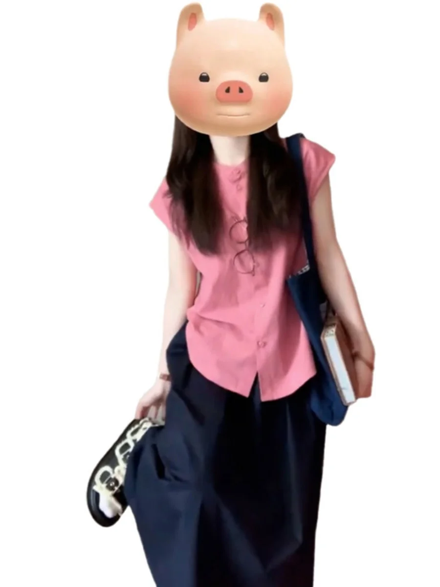 Estate 2024 Donna Rosa ort Sve irt Sle giapponese Design unico Casual Misto cotone Button up Classico rotondo Ne Top