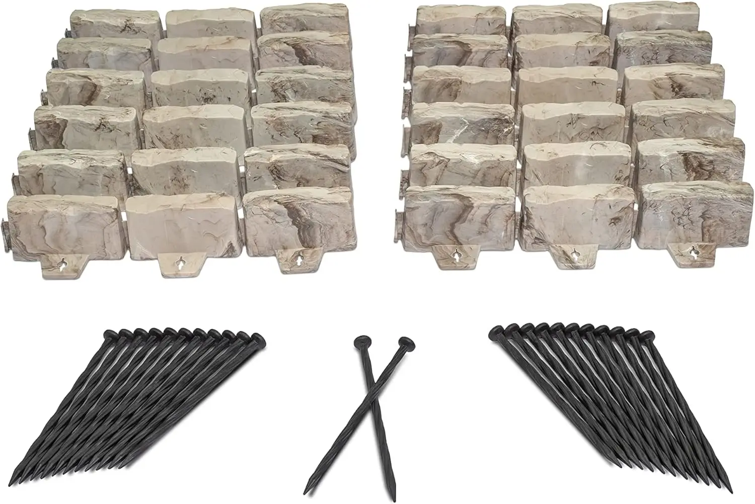 

No-Dig Landscape Edging with Anchoring Spikes, 2.7 in Tall Decorative Stone-Look Garden Border, 15 Foot Kit, Brown