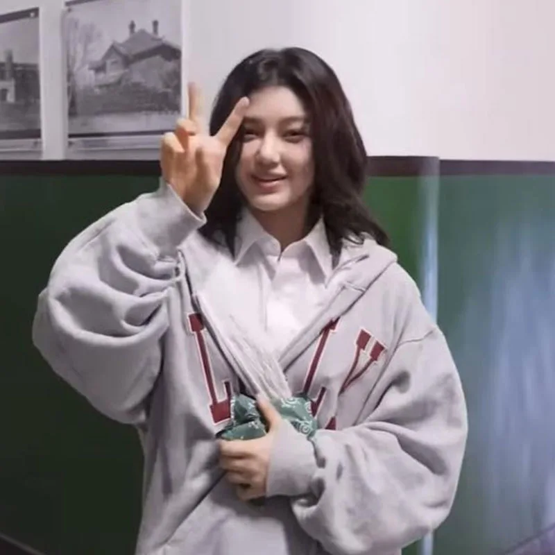 NewJeans Danielle Fce gevoerde hoodie met rits, open vest, losse pasvorm, lente herfst winter, capuchon, Jaet, vrijetijdskleding voor dames