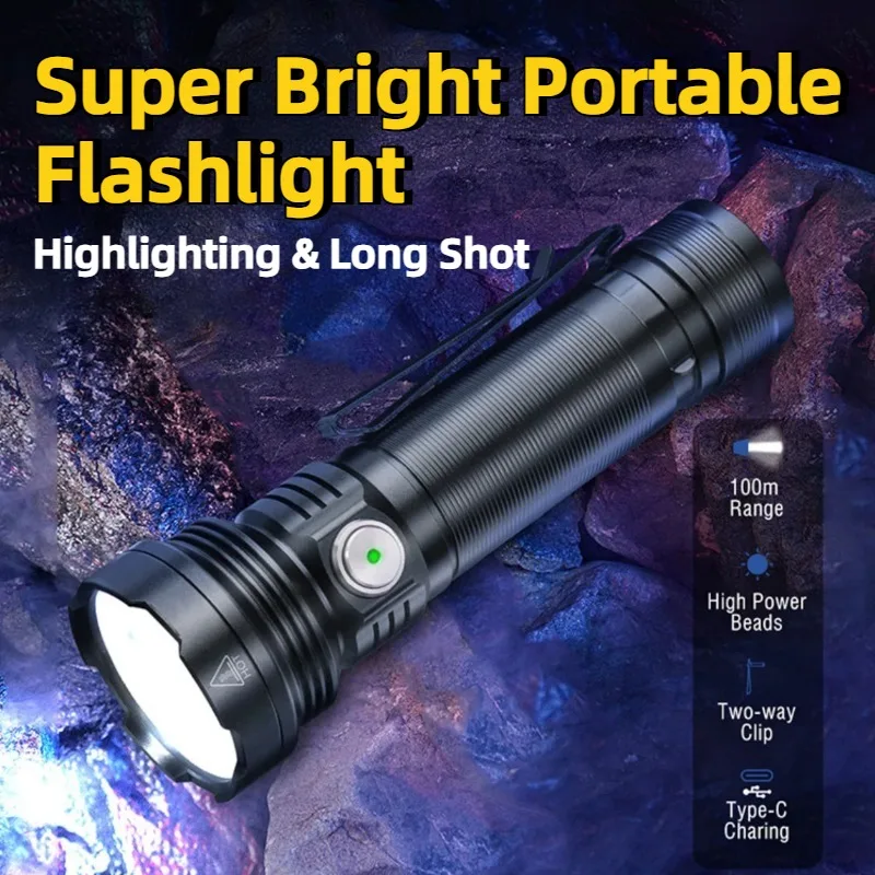 휴대용 LED 손전등 작업등 타입-C 충전식 강력한 EDC 토치 양방향 클램프 포함 야외 캠핑 하이킹용