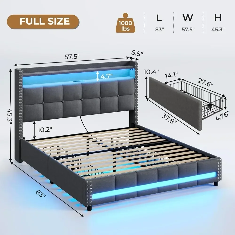 Full Bed Frame with Storage Headboard and 4 Drawers, Tufted Bed Frame with Charging Station and Led Lights，Led Bed Frame