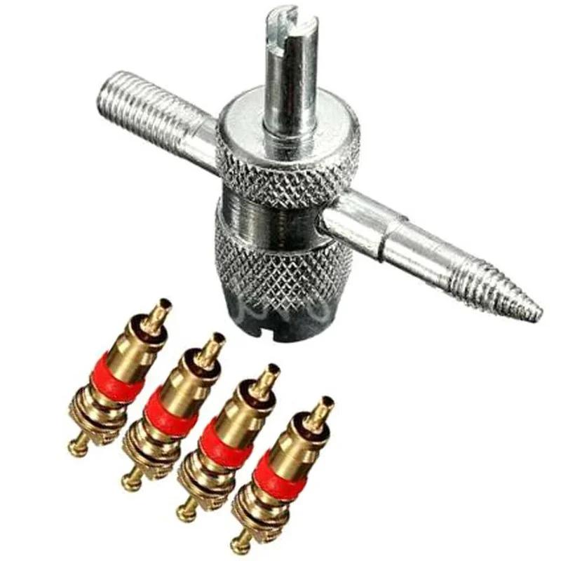 1set 4 Way Car Motorcycle Bike Tyre Tire Valve Repair Remover Tool+4 Valve Stem Cores New Motorcycle Accessories