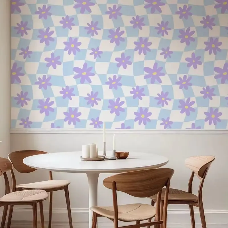 Retro Checkerboard Wallpaper Peel and Stick,Purple Daisy & Blue Gingham Wall Mural,Coquette Room Decor,Self Adhesive /Tradition