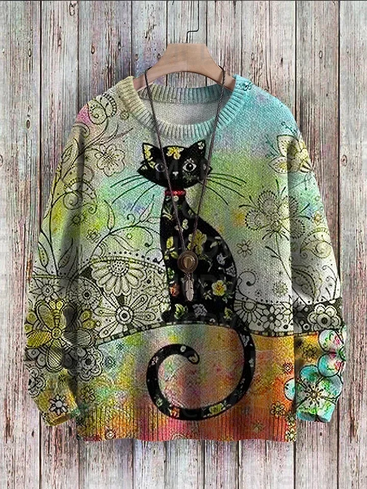 Christmas Devil Play Violin Black Cats Art Pattern Print Casual Knit Pullover Sweatshirt Men's For Women's Pullover